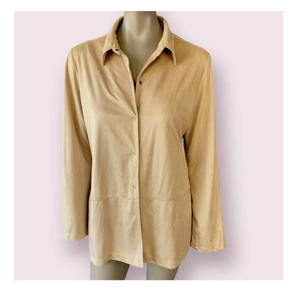 FINITY Vintage Faux Suede Buttoned Shirt Jacket Shacket Overshirt Women L Tan